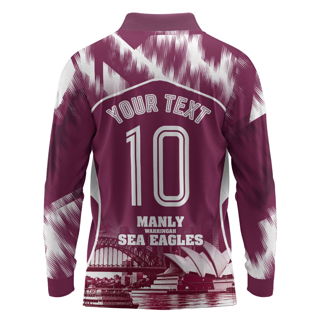 Personalised Sea Eagles Rugby Long Sleeve Polo Shirt Eagle Mascot Sydney Skyline 3D Graphic