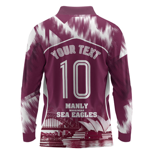 Personalised Sea Eagles Rugby Long Sleeve Polo Shirt Eagle Mascot Sydney Skyline 3D Graphic