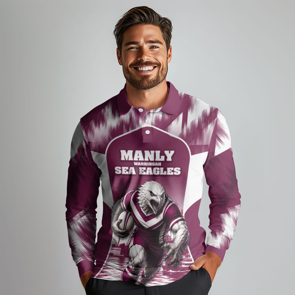 Personalised Sea Eagles Rugby Long Sleeve Polo Shirt Eagle Mascot Sydney Skyline 3D Graphic