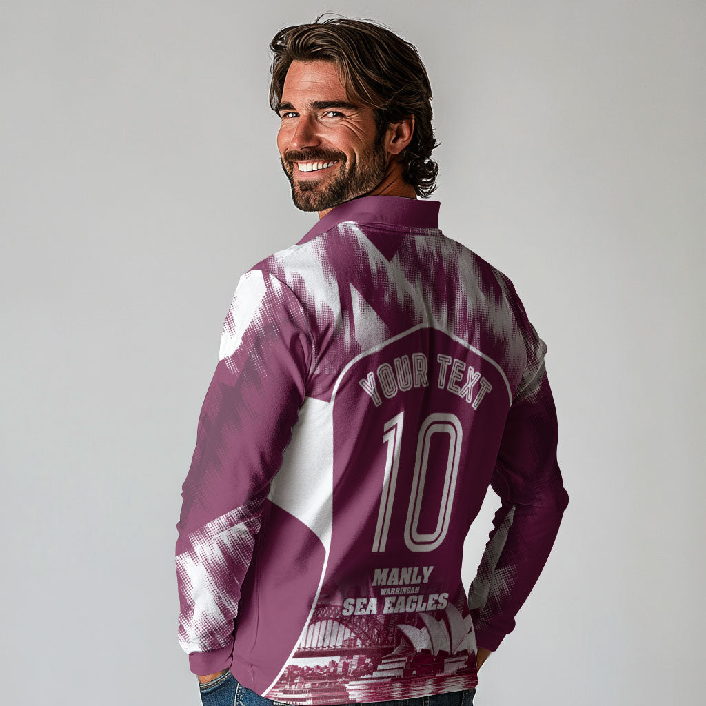 Personalised Sea Eagles Rugby Long Sleeve Polo Shirt Eagle Mascot Sydney Skyline 3D Graphic