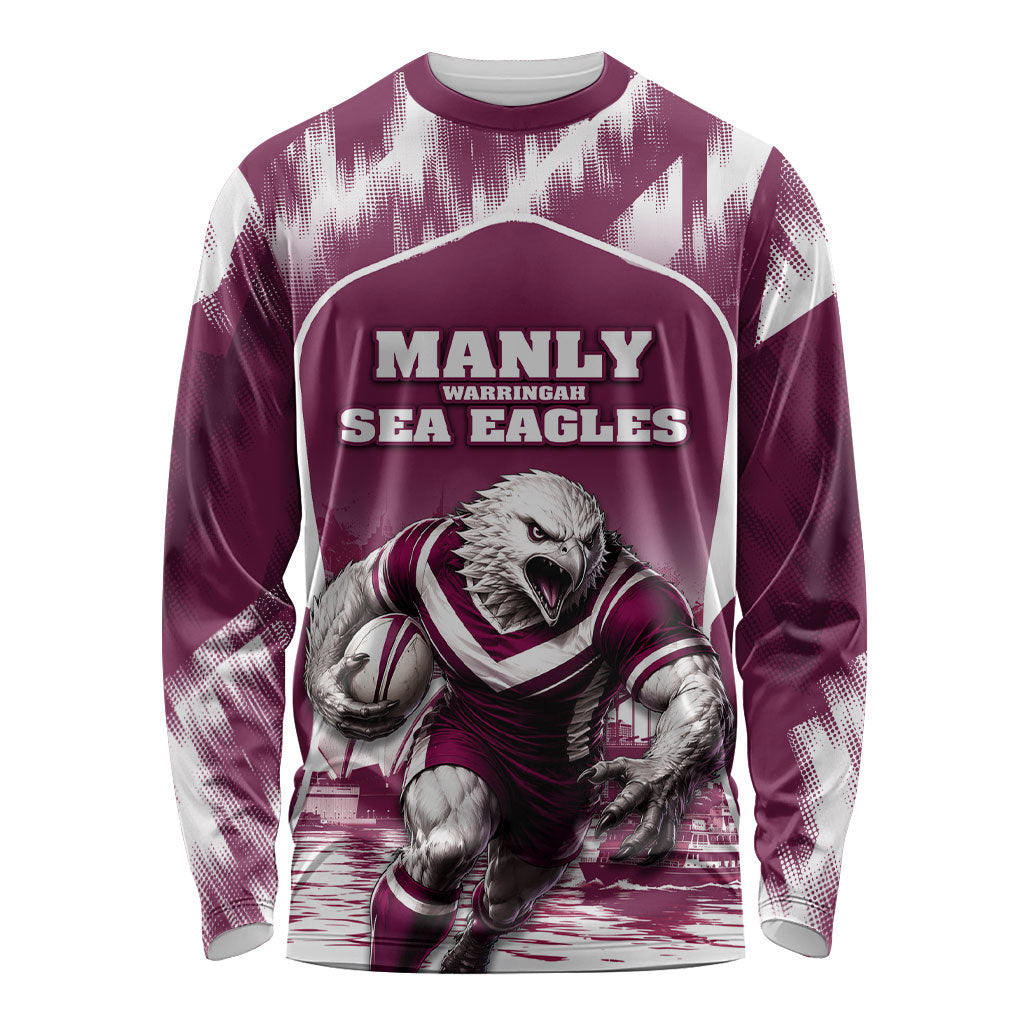 Personalised Sea Eagles Rugby Long Sleeve Shirt Eagle Mascot Sydney Skyline 3D Graphic