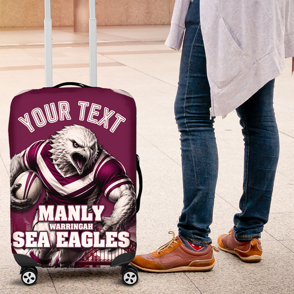 Personalised Sea Eagles Rugby Luggage Cover Eagle Mascot Sydney Skyline 3D Graphic