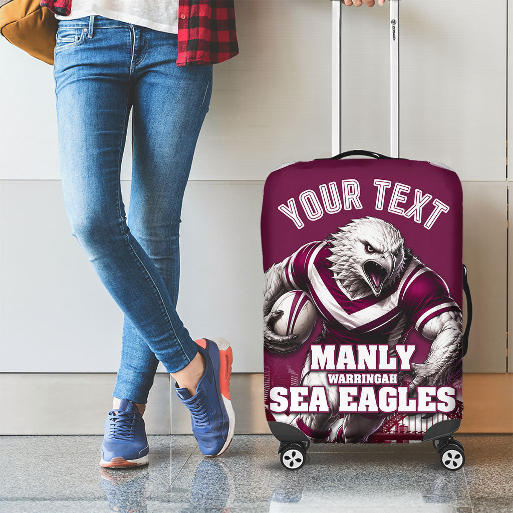 Personalised Sea Eagles Rugby Luggage Cover Eagle Mascot Sydney Skyline 3D Graphic