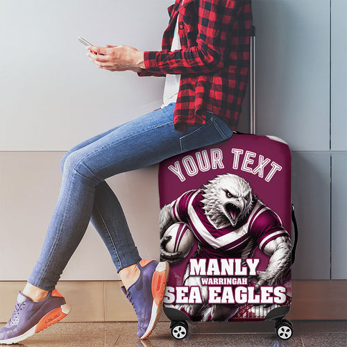 Personalised Sea Eagles Rugby Luggage Cover Eagle Mascot Sydney Skyline 3D Graphic