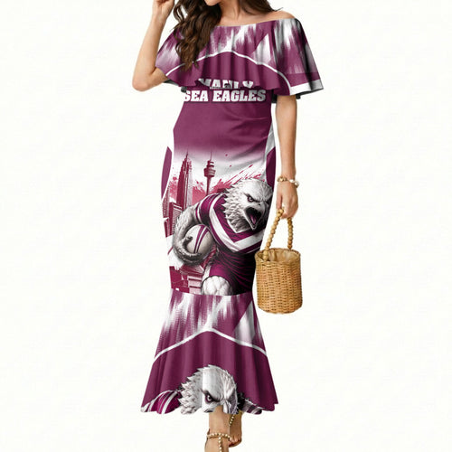 Personalised Sea Eagles Rugby Mermaid Dress Eagle Mascot Sydney Skyline 3D Graphic