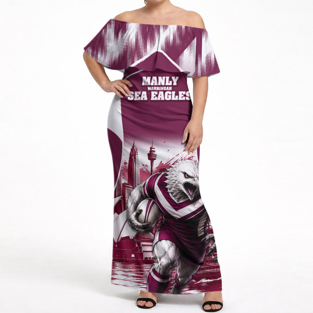 Personalised Sea Eagles Rugby Off Shoulder Maxi Dress Eagle Mascot Sydney Skyline 3D Graphic