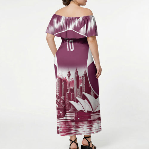 Personalised Sea Eagles Rugby Off Shoulder Maxi Dress Eagle Mascot Sydney Skyline 3D Graphic