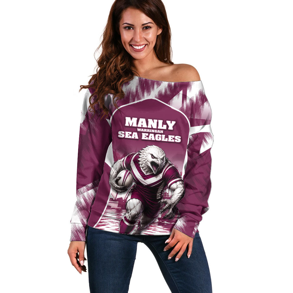 Personalised Sea Eagles Rugby Off Shoulder Sweater Eagle Mascot Sydney Skyline 3D Graphic