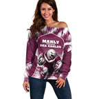 Personalised Sea Eagles Rugby Off Shoulder Sweater Eagle Mascot Sydney Skyline 3D Graphic
