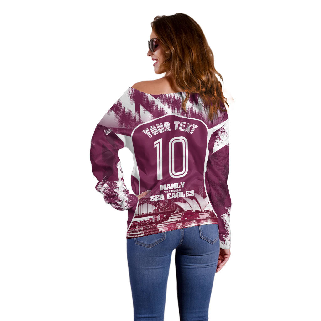 Personalised Sea Eagles Rugby Off Shoulder Sweater Eagle Mascot Sydney Skyline 3D Graphic