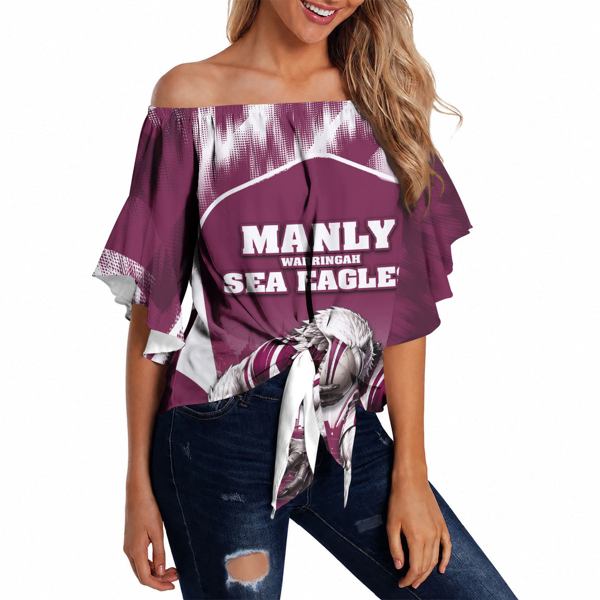 Personalised Sea Eagles Rugby Off Shoulder Wrap Waist Top Eagle Mascot Sydney Skyline 3D Graphic