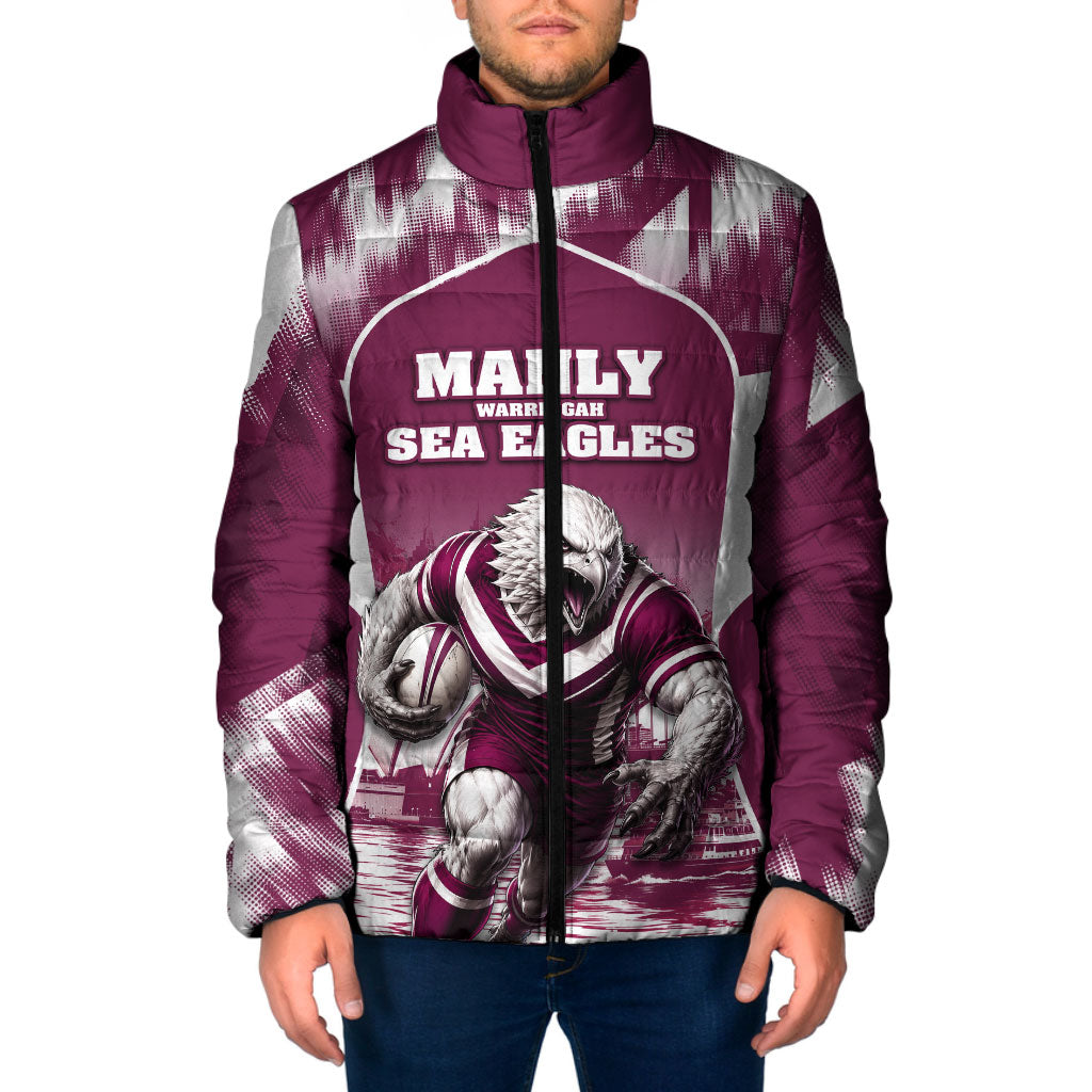 Personalised Sea Eagles Rugby Padded Jacket Eagle Mascot Sydney Skyline 3D Graphic