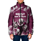 Personalised Sea Eagles Rugby Padded Jacket Eagle Mascot Sydney Skyline 3D Graphic