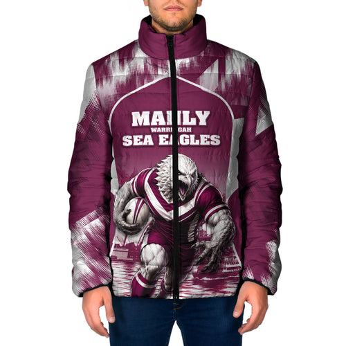 Personalised Sea Eagles Rugby Padded Jacket Eagle Mascot Sydney Skyline 3D Graphic