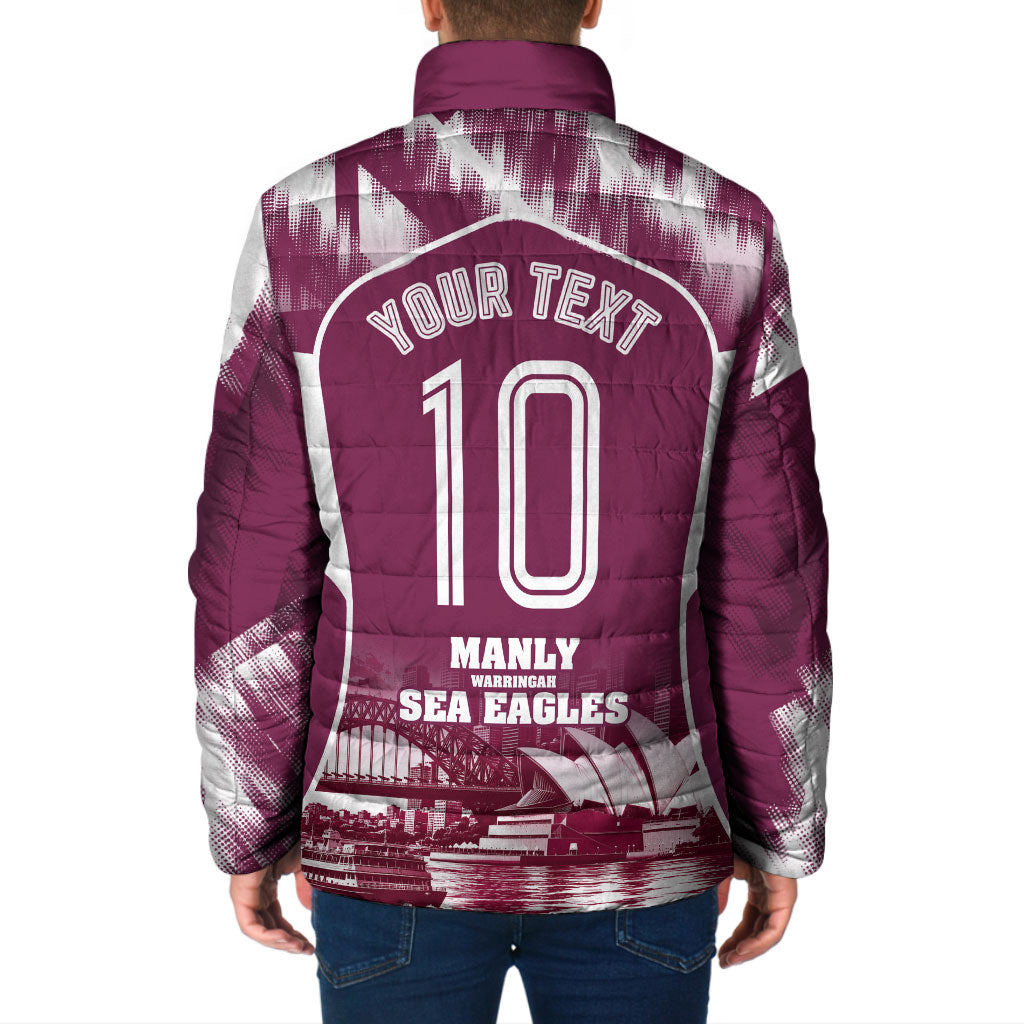 Personalised Sea Eagles Rugby Padded Jacket Eagle Mascot Sydney Skyline 3D Graphic
