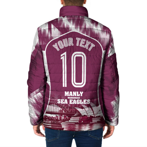 Personalised Sea Eagles Rugby Padded Jacket Eagle Mascot Sydney Skyline 3D Graphic
