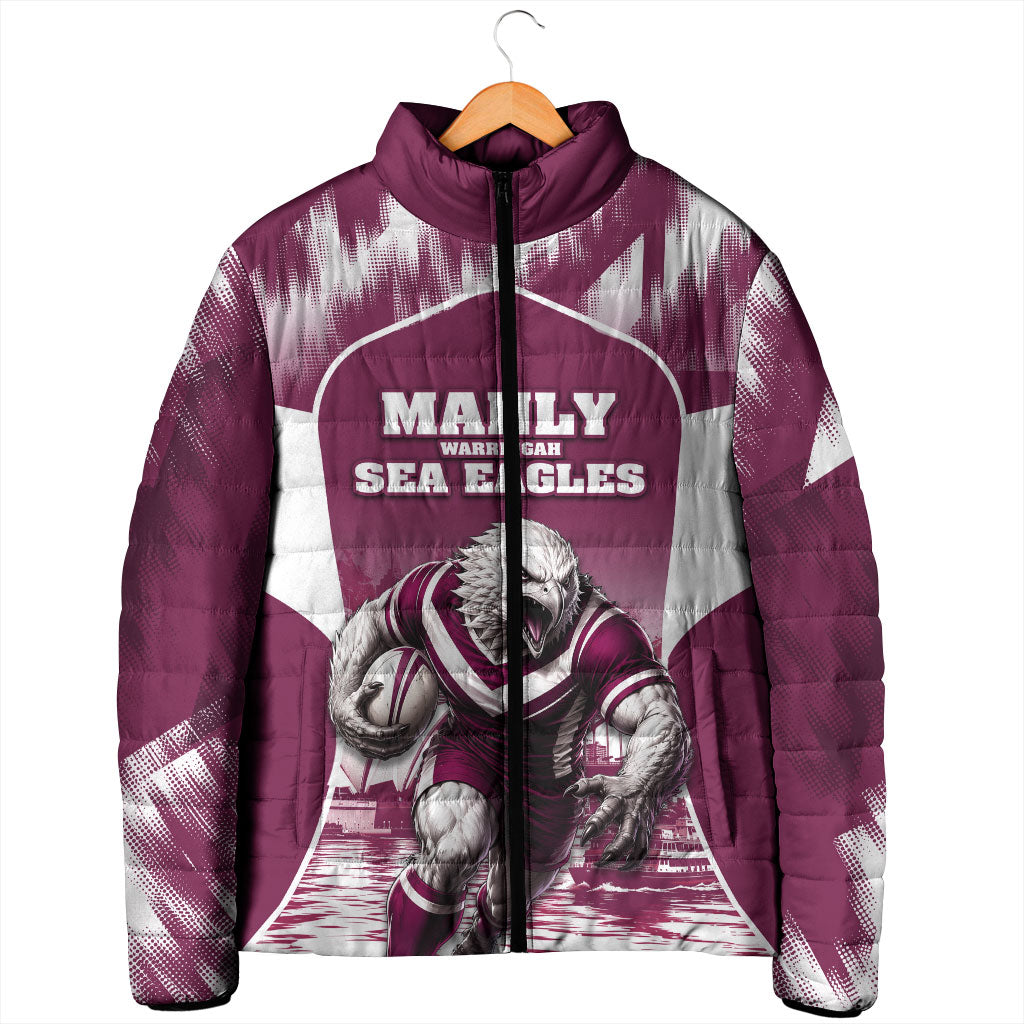 Personalised Sea Eagles Rugby Padded Jacket Eagle Mascot Sydney Skyline 3D Graphic