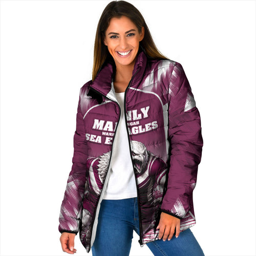 Personalised Sea Eagles Rugby Padded Jacket Eagle Mascot Sydney Skyline 3D Graphic