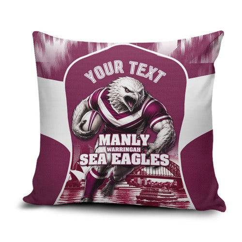 Personalised Sea Eagles Rugby Pillow Cover Eagle Mascot Sydney Skyline 3D Graphic