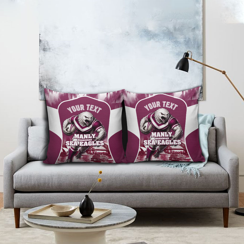 Personalised Sea Eagles Rugby Pillow Cover Eagle Mascot Sydney Skyline 3D Graphic