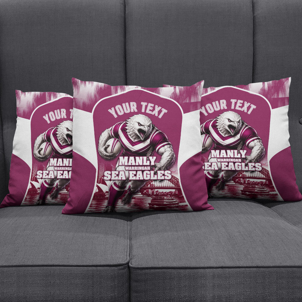 Personalised Sea Eagles Rugby Pillow Cover Eagle Mascot Sydney Skyline 3D Graphic