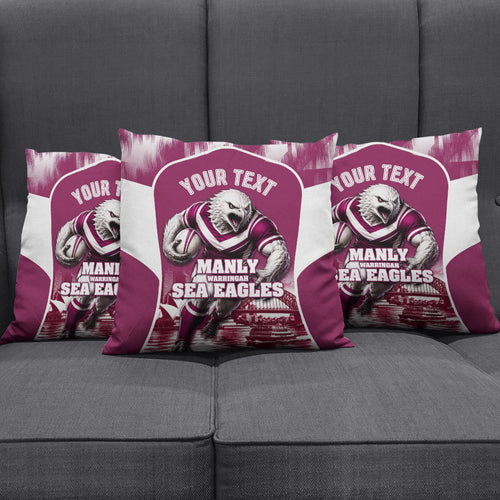 Personalised Sea Eagles Rugby Pillow Cover Eagle Mascot Sydney Skyline 3D Graphic