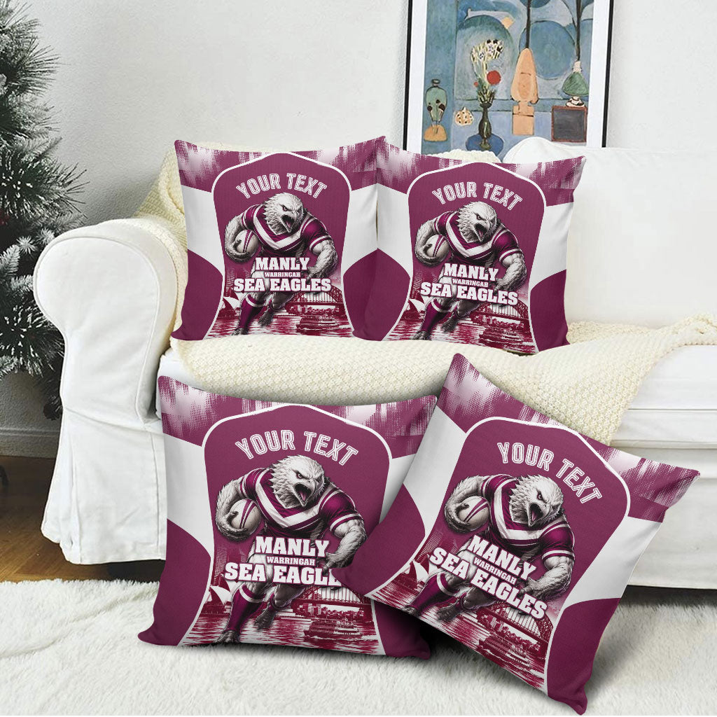 Personalised Sea Eagles Rugby Pillow Cover Eagle Mascot Sydney Skyline 3D Graphic