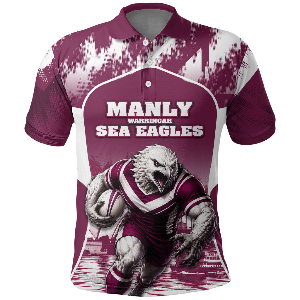 Personalised Sea Eagles Rugby Polo Shirt Eagle Mascot Sydney Skyline 3D Graphic