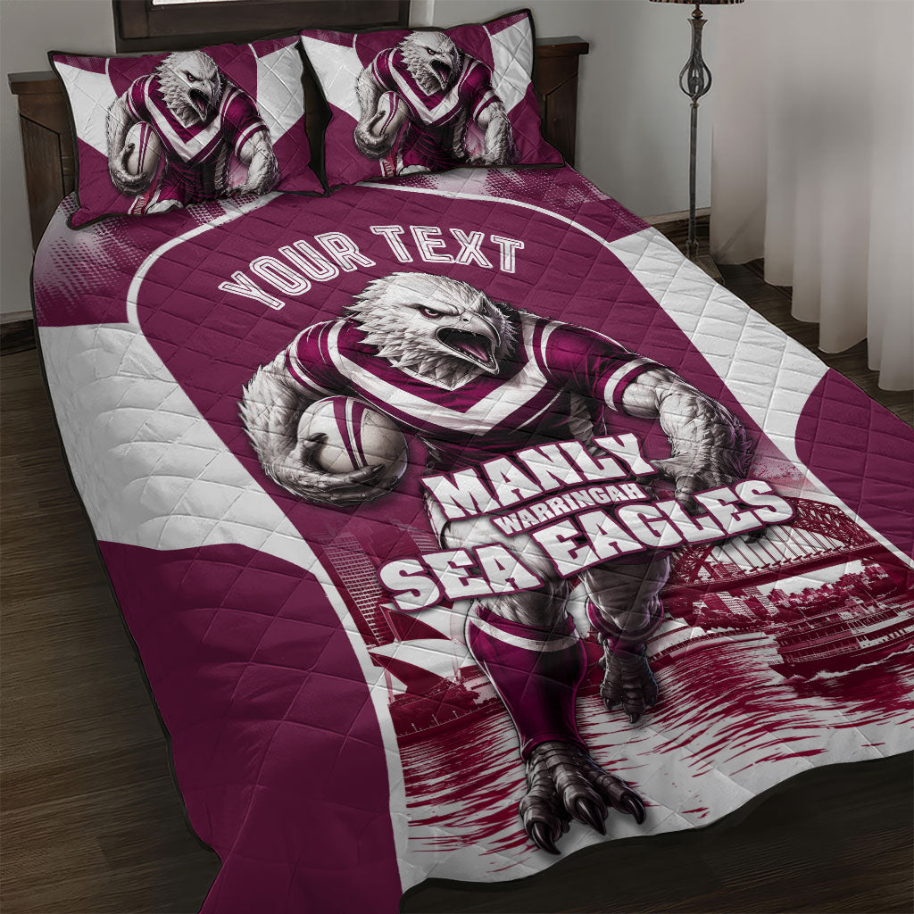 Personalised Sea Eagles Rugby Quilt Bed Set Eagle Mascot Sydney Skyline 3D Graphic