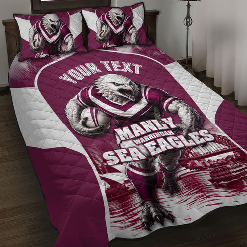 Personalised Sea Eagles Rugby Quilt Bed Set Eagle Mascot Sydney Skyline 3D Graphic