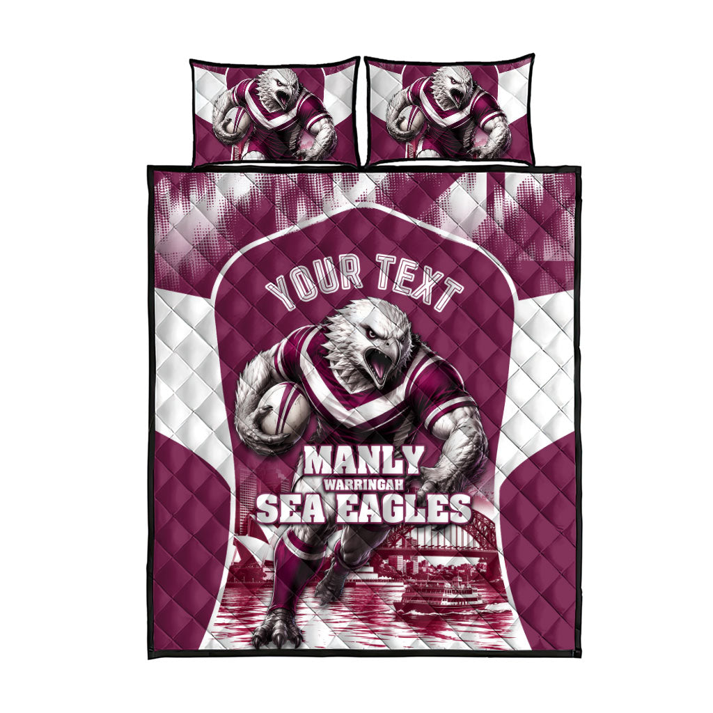 Personalised Sea Eagles Rugby Quilt Bed Set Eagle Mascot Sydney Skyline 3D Graphic