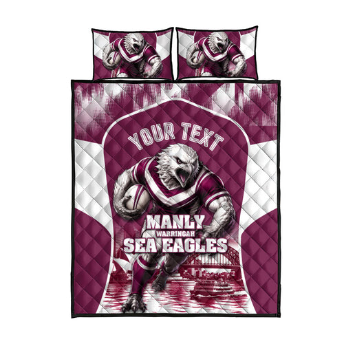 Personalised Sea Eagles Rugby Quilt Bed Set Eagle Mascot Sydney Skyline 3D Graphic