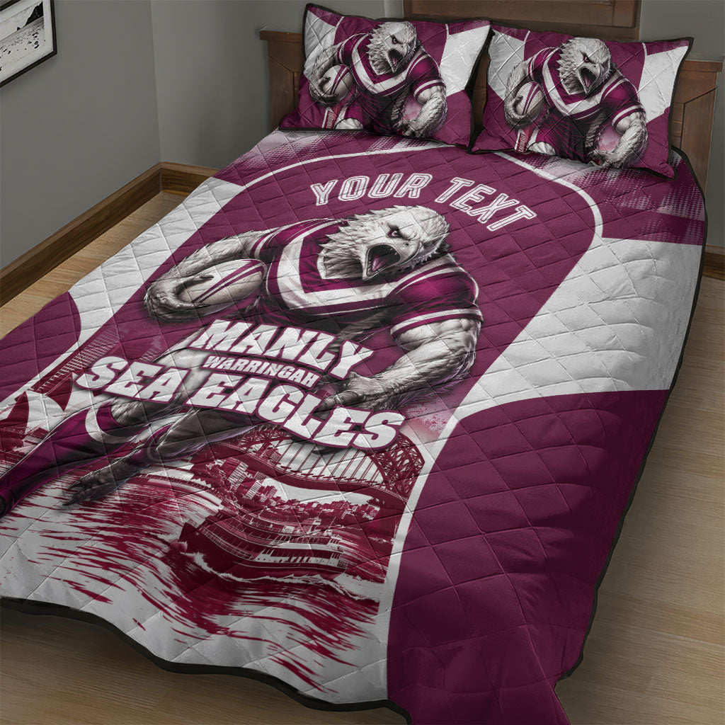 Personalised Sea Eagles Rugby Quilt Bed Set Eagle Mascot Sydney Skyline 3D Graphic