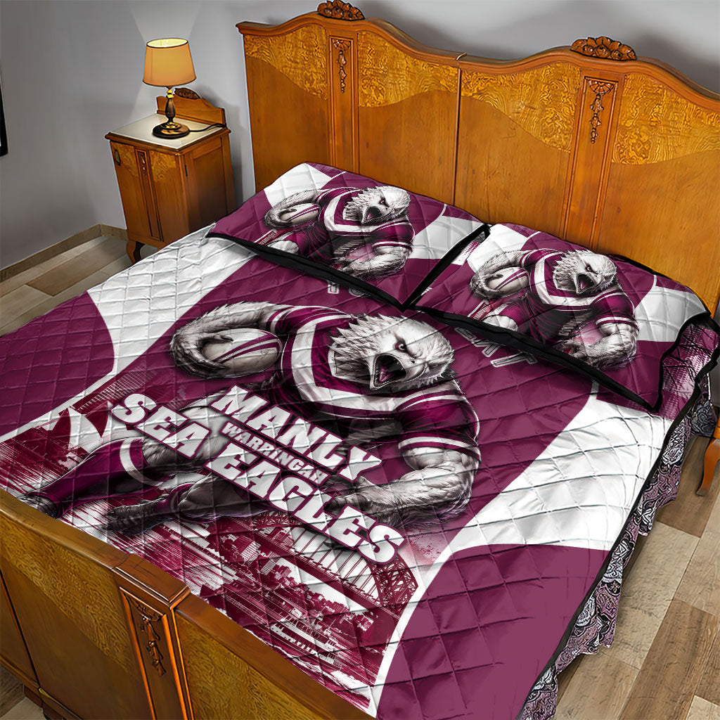 Personalised Sea Eagles Rugby Quilt Bed Set Eagle Mascot Sydney Skyline 3D Graphic