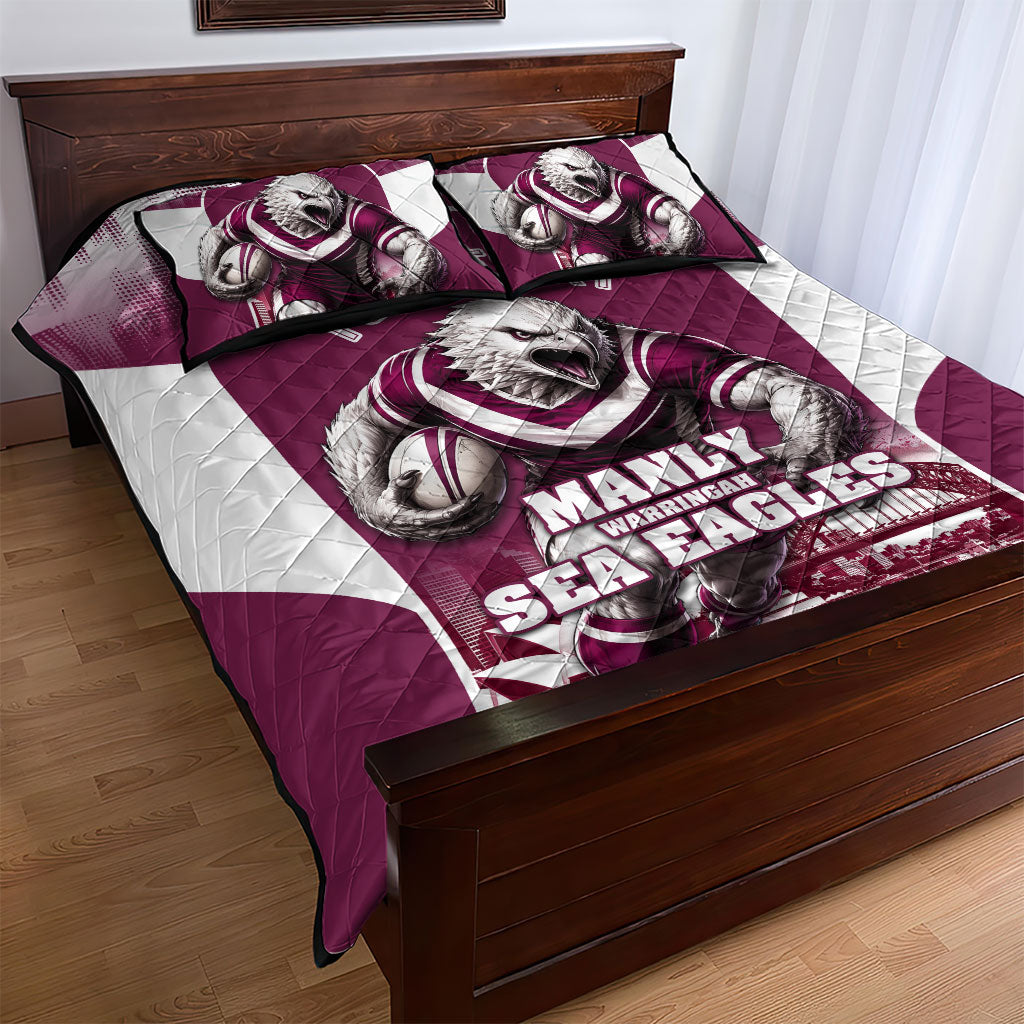 Personalised Sea Eagles Rugby Quilt Bed Set Eagle Mascot Sydney Skyline 3D Graphic