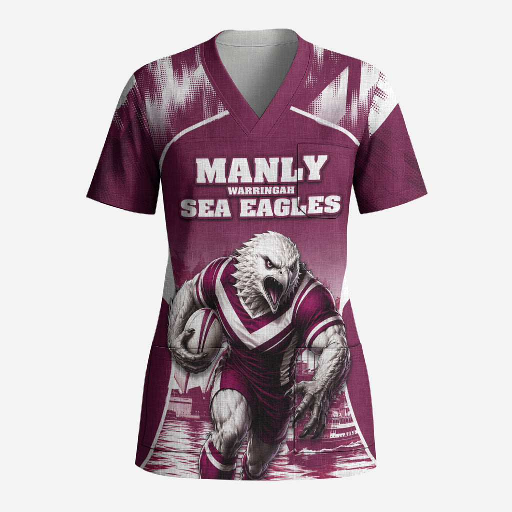 Personalised Sea Eagles Rugby Scrub Top Eagle Mascot Sydney Skyline 3D Graphic