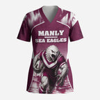 Personalised Sea Eagles Rugby Scrub Top Eagle Mascot Sydney Skyline 3D Graphic