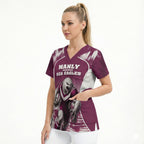 Personalised Sea Eagles Rugby Scrub Top Eagle Mascot Sydney Skyline 3D Graphic