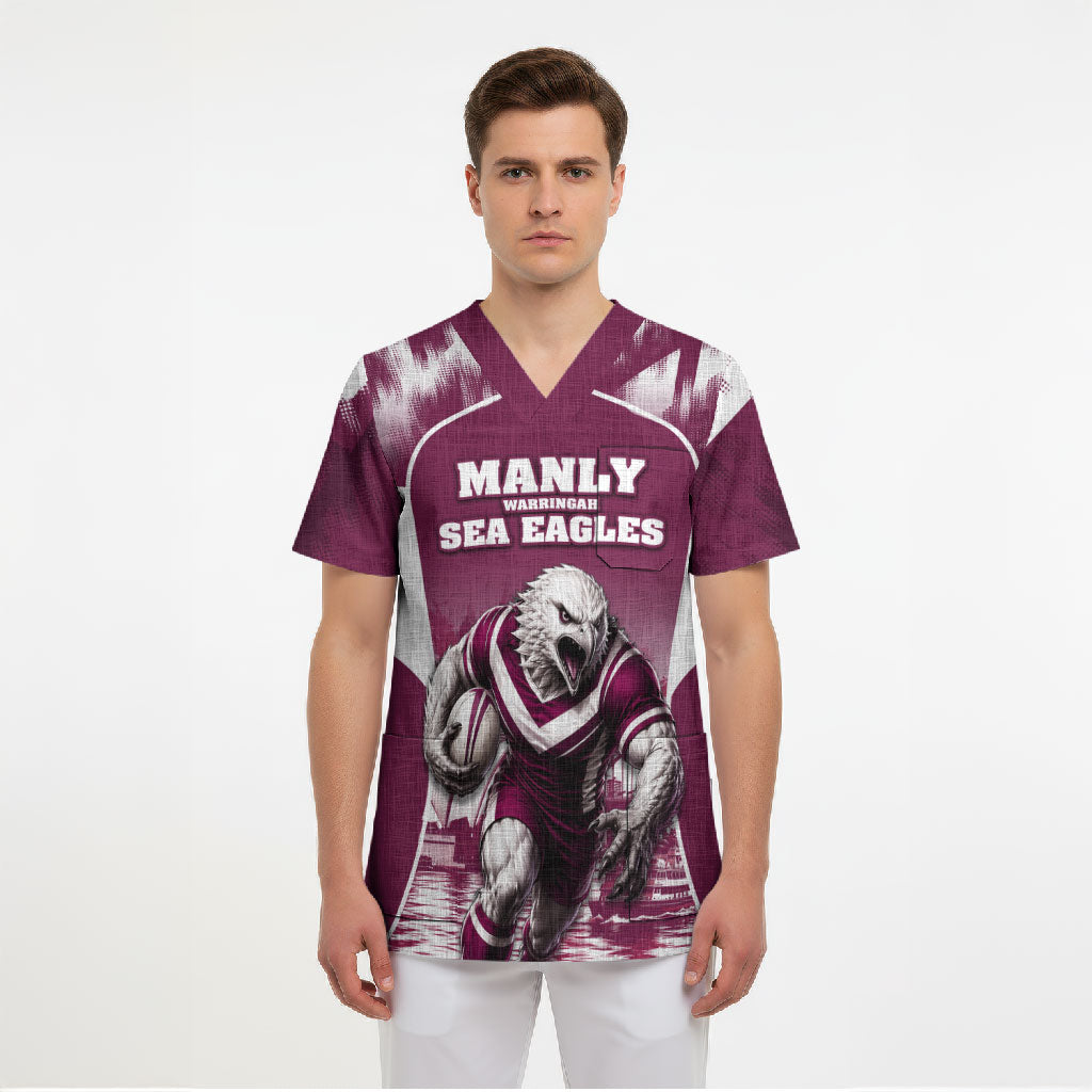 Personalised Sea Eagles Rugby Scrub Top Eagle Mascot Sydney Skyline 3D Graphic