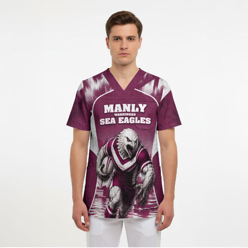 Personalised Sea Eagles Rugby Scrub Top Eagle Mascot Sydney Skyline 3D Graphic