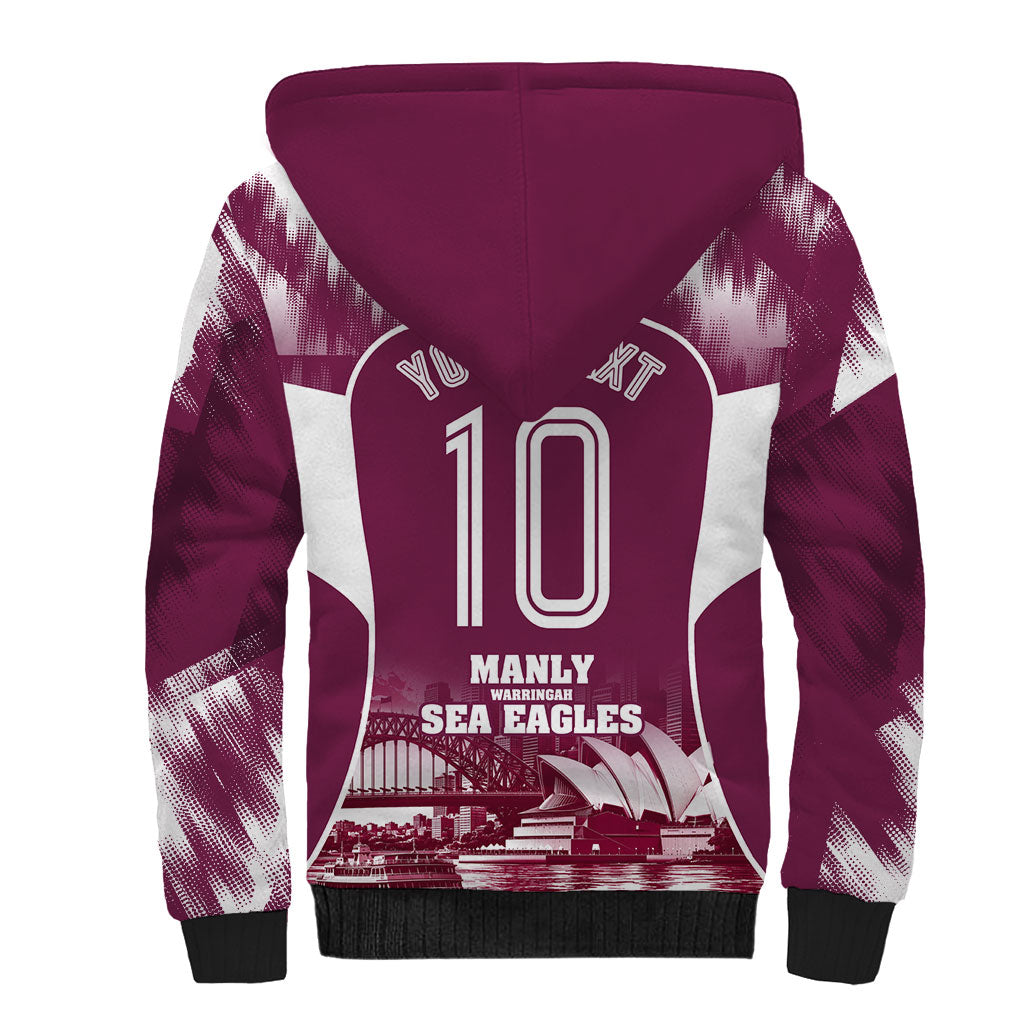 Personalised Sea Eagles Rugby Sherpa Hoodie Eagle Mascot Sydney Skyline 3D Graphic