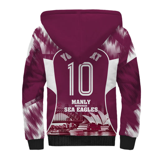 Personalised Sea Eagles Rugby Sherpa Hoodie Eagle Mascot Sydney Skyline 3D Graphic