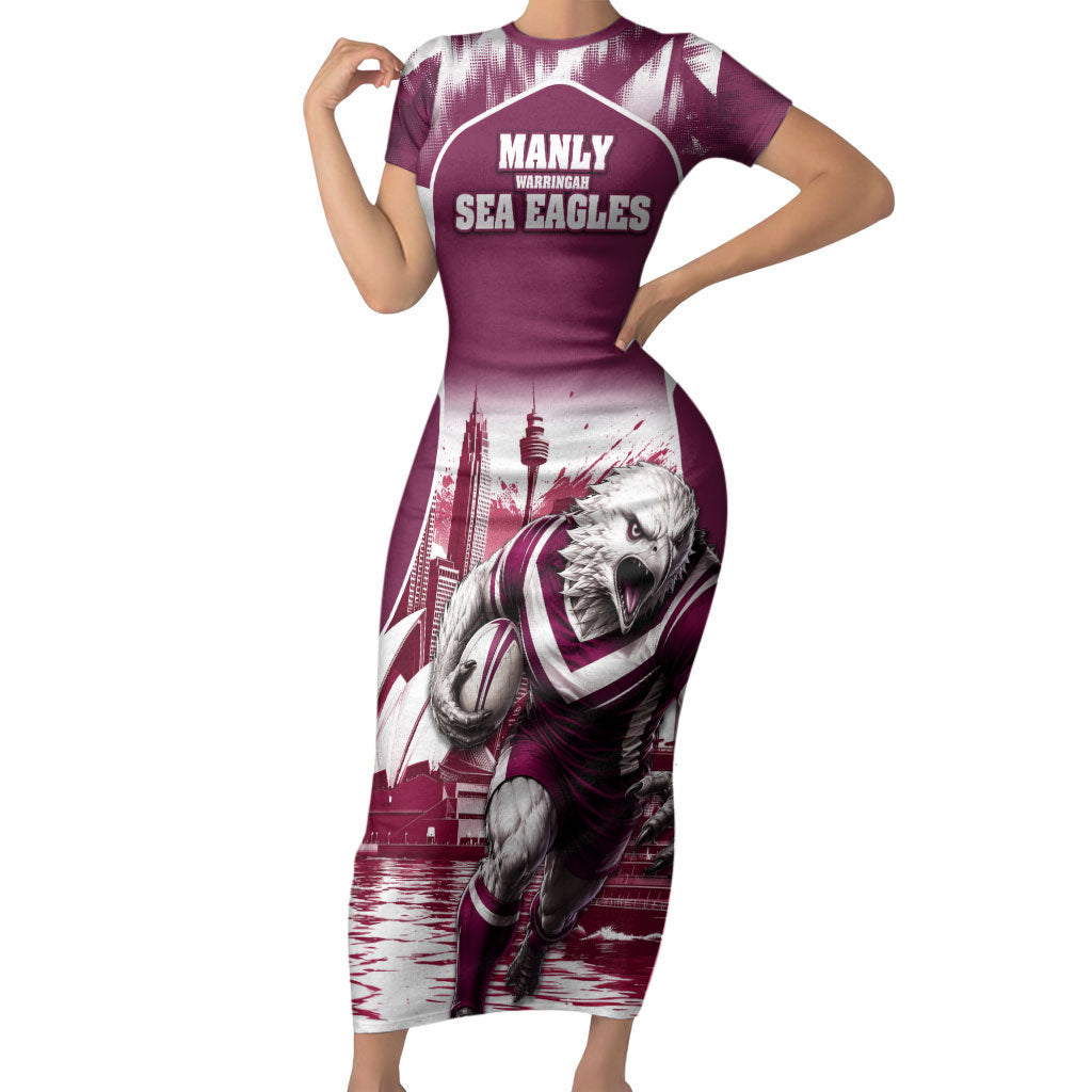Personalised Sea Eagles Rugby Short Sleeve Bodycon Dress Eagle Mascot Sydney Skyline 3D Graphic