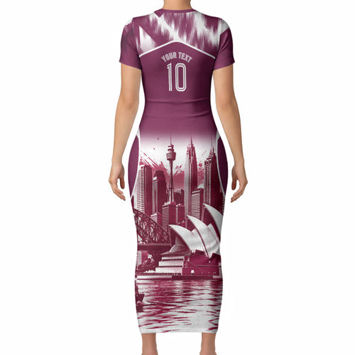 Personalised Sea Eagles Rugby Short Sleeve Bodycon Dress Eagle Mascot Sydney Skyline 3D Graphic