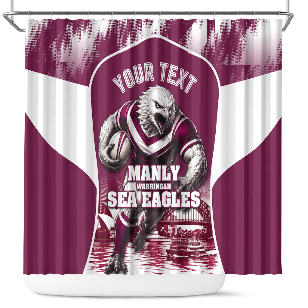 Personalised Sea Eagles Rugby Shower Curtain Eagle Mascot Sydney Skyline 3D Graphic