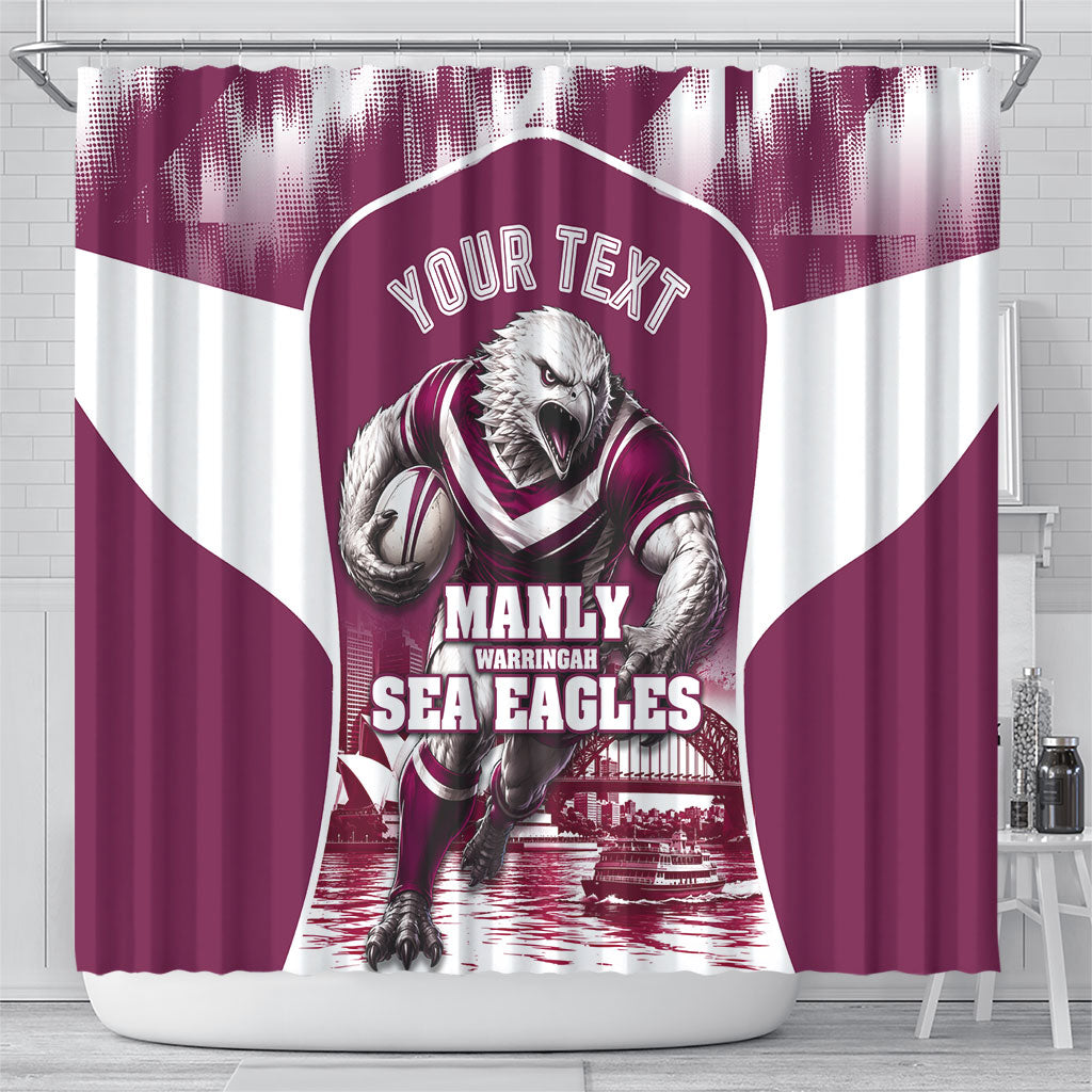 Personalised Sea Eagles Rugby Shower Curtain Eagle Mascot Sydney Skyline 3D Graphic