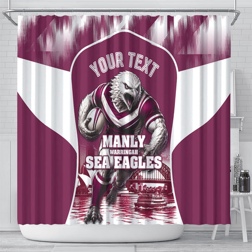 Personalised Sea Eagles Rugby Shower Curtain Eagle Mascot Sydney Skyline 3D Graphic