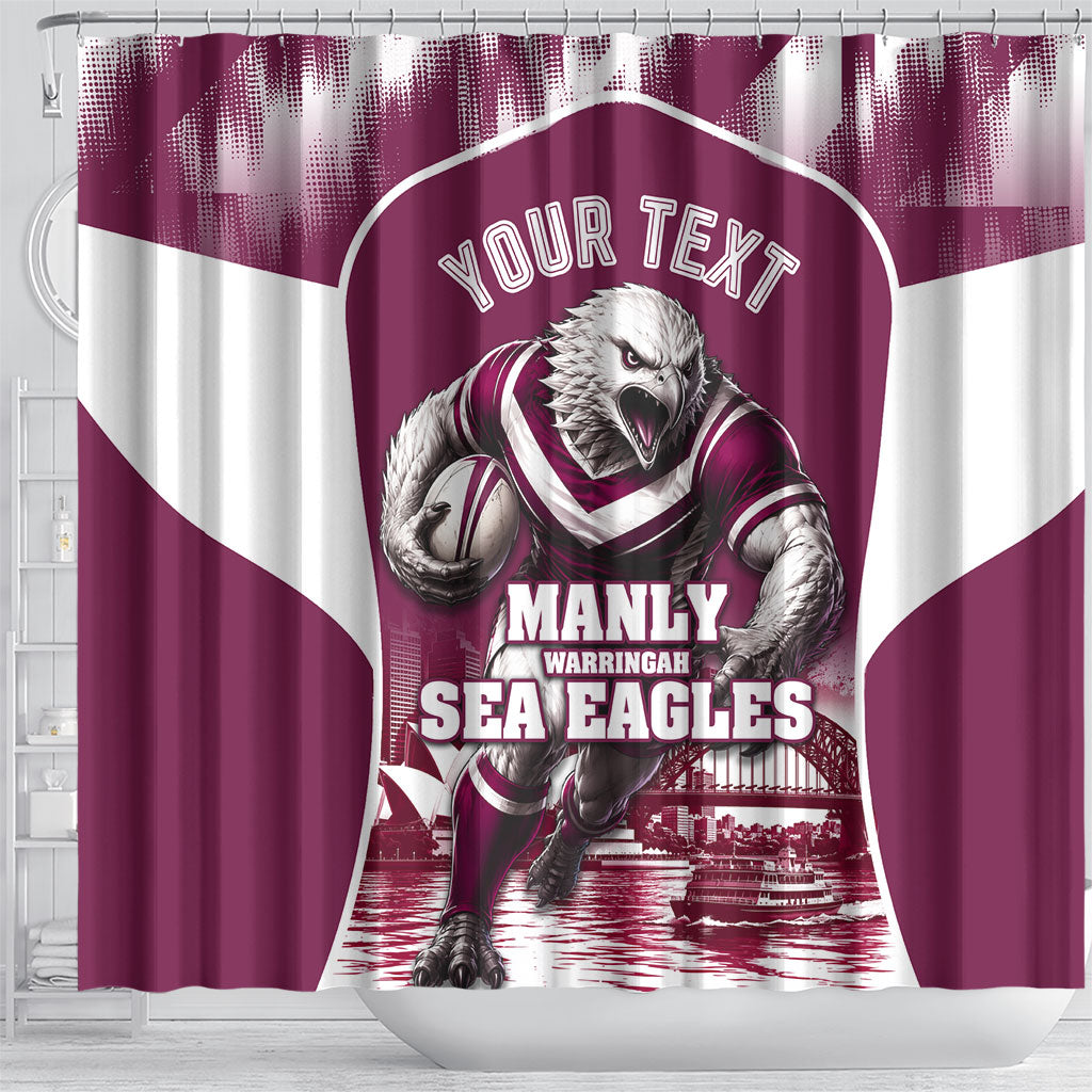 Personalised Sea Eagles Rugby Shower Curtain Eagle Mascot Sydney Skyline 3D Graphic
