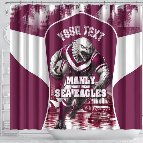 Personalised Sea Eagles Rugby Shower Curtain Eagle Mascot Sydney Skyline 3D Graphic