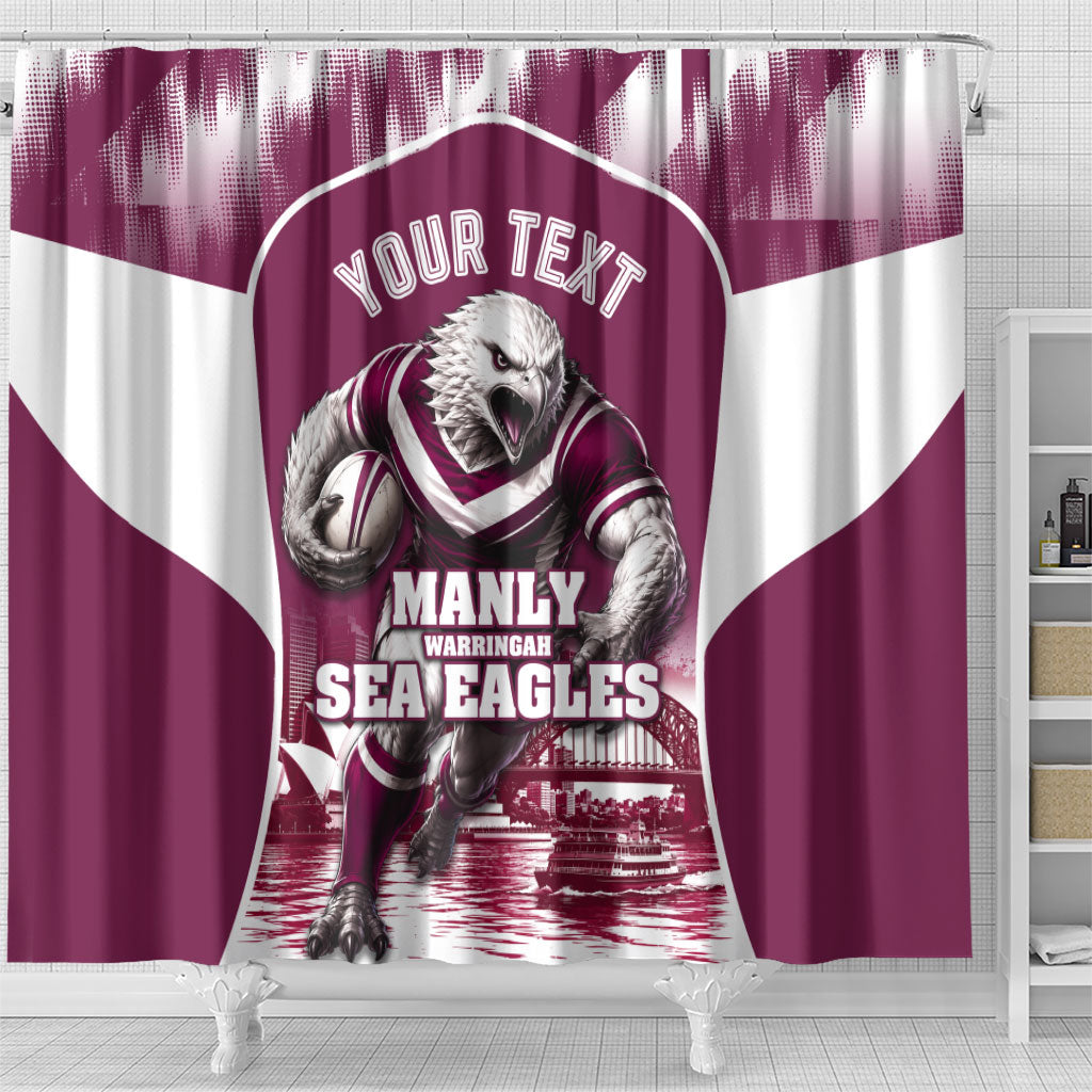 Personalised Sea Eagles Rugby Shower Curtain Eagle Mascot Sydney Skyline 3D Graphic
